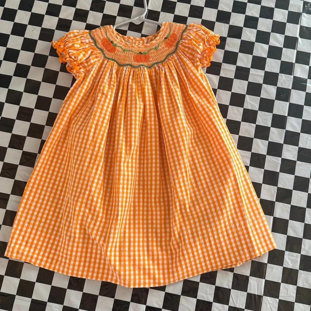 Marmellata Orange and White Gingham Dress with Pumpkin Detail - Picture 1 of 4